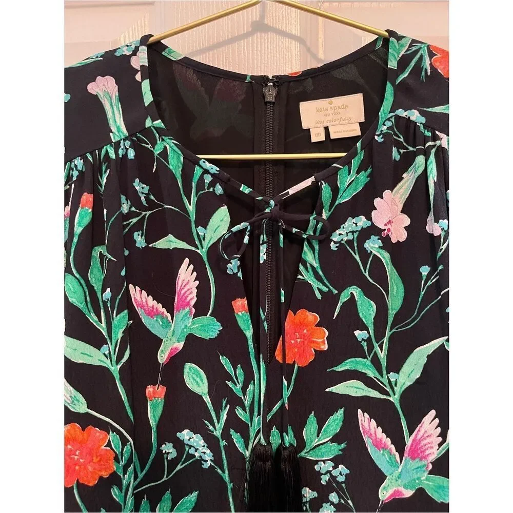 Kate Spade Hummingbird Floral Romper Black Crepe Tassel XS